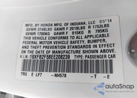 2014 Honda Civic Lx из США, поврежденный, VIN 19XFB2F58EE208239